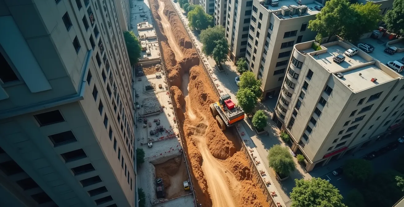 Vue en plongée d’un chantier d’excavation en zone urbaine dense avec routes étroites, barrières de sécurité et engins près des bâtiments