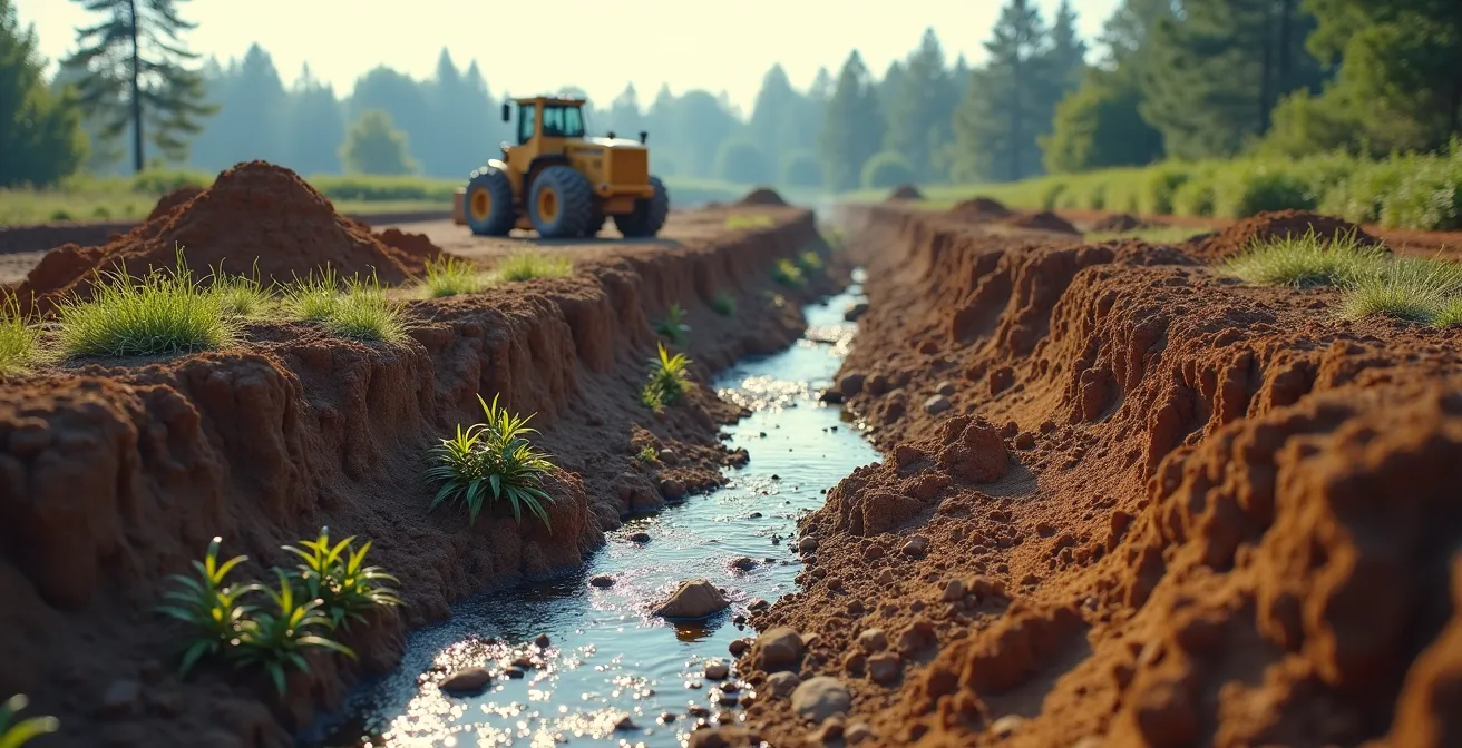 Image montrant un terrain façonné avec des pentes optimales, chemins d’accès stabilisés et systèmes d’évacuation d’eau bien définis
