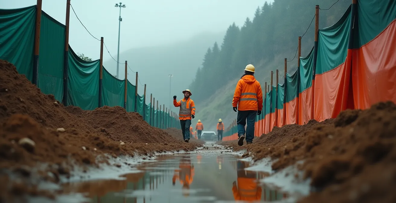 Vue en contre-plongée d’un chantier avec barrières anti-vent, bâches de protection et travailleurs portant des équipements adaptés contre la chaleur et la pluie