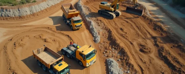 Vue aérienne réaliste d'un chantier d'excavation préparant un terrain pour une construction avec diverses machines et ouvriers en action