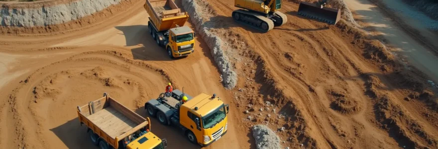 Vue aérienne réaliste d'un chantier d'excavation préparant un terrain pour une construction avec diverses machines et ouvriers en action