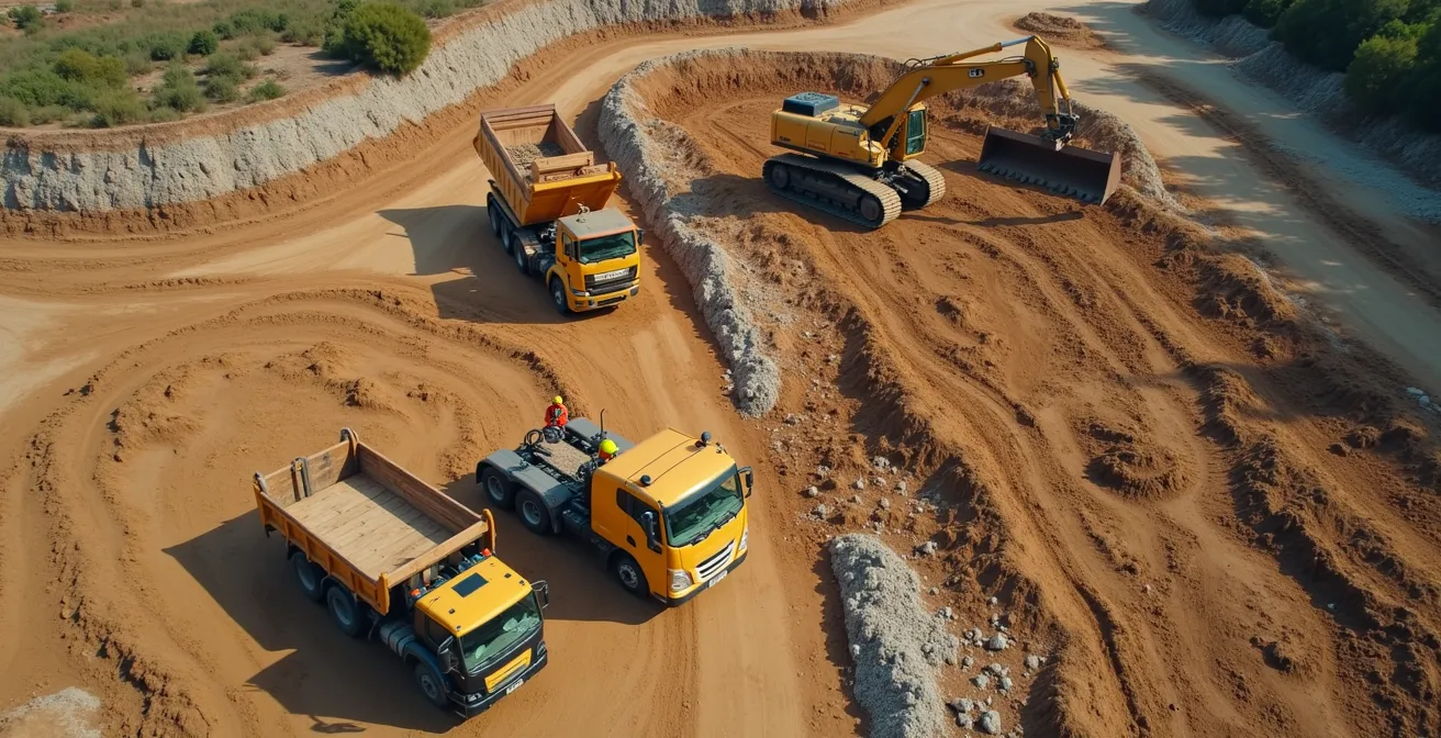 Vue aérienne réaliste d'un chantier d'excavation préparant un terrain pour une construction avec diverses machines et ouvriers en action
