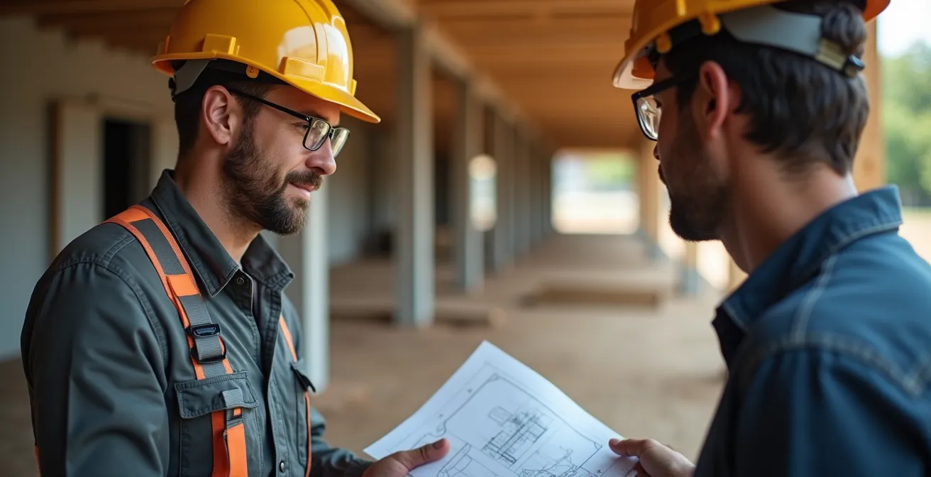 Artisan et client discutant côté chantier sur plans techniques, éclairage directionnel naturel, textures fines visibles sur outils et matériaux