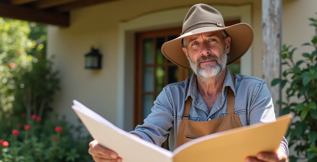Artisan local en pleine discussion avec client devant une maison typique de Blagnac, lumière naturelle douce et texture de murs concrets visibles