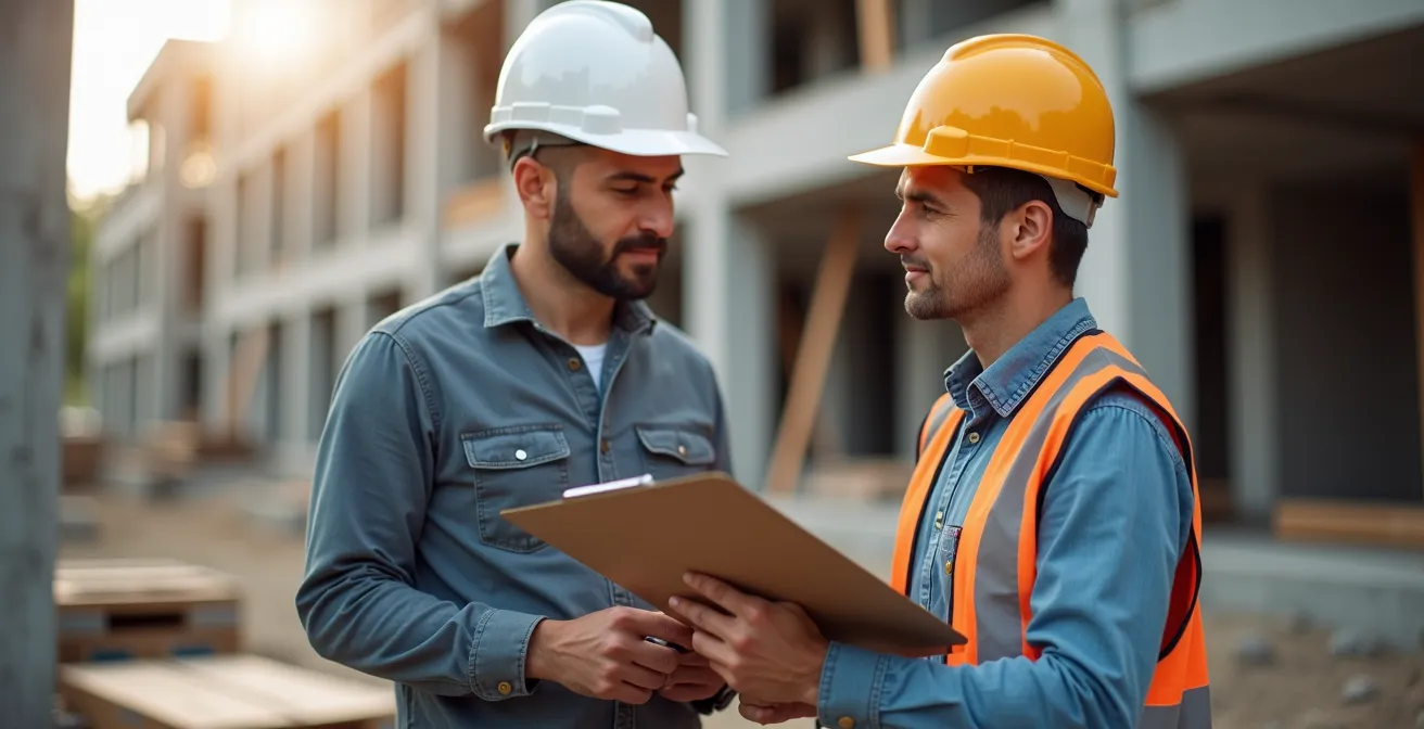 Visite technique de réception de chantier entre professionnel et client, lumière naturelle douce, mise au point sur échanges visuels