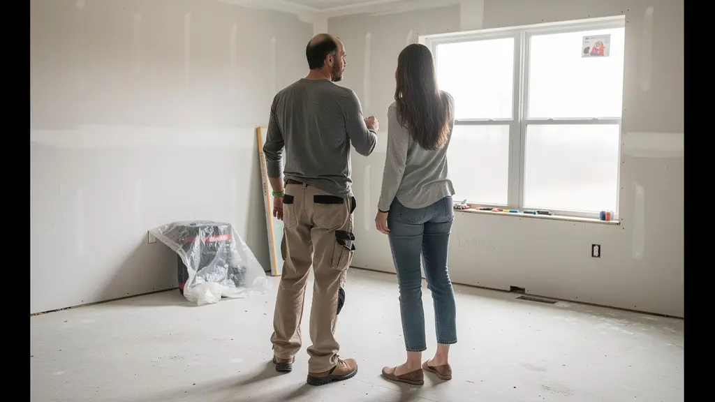Discussion entre entrepreneur et propriétaire dans pièce à rénover avec murs exposés