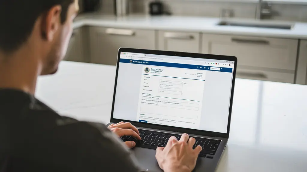 Propriétaire vérifiant licence RBQ entrepreneur sur ordinateur dans cuisine moderne