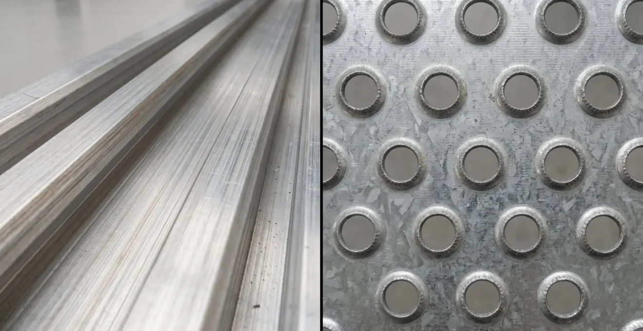 Comparaison visuelle côte à côte de texture aluminium striée à gauche et acier galvanisé perforé à droite