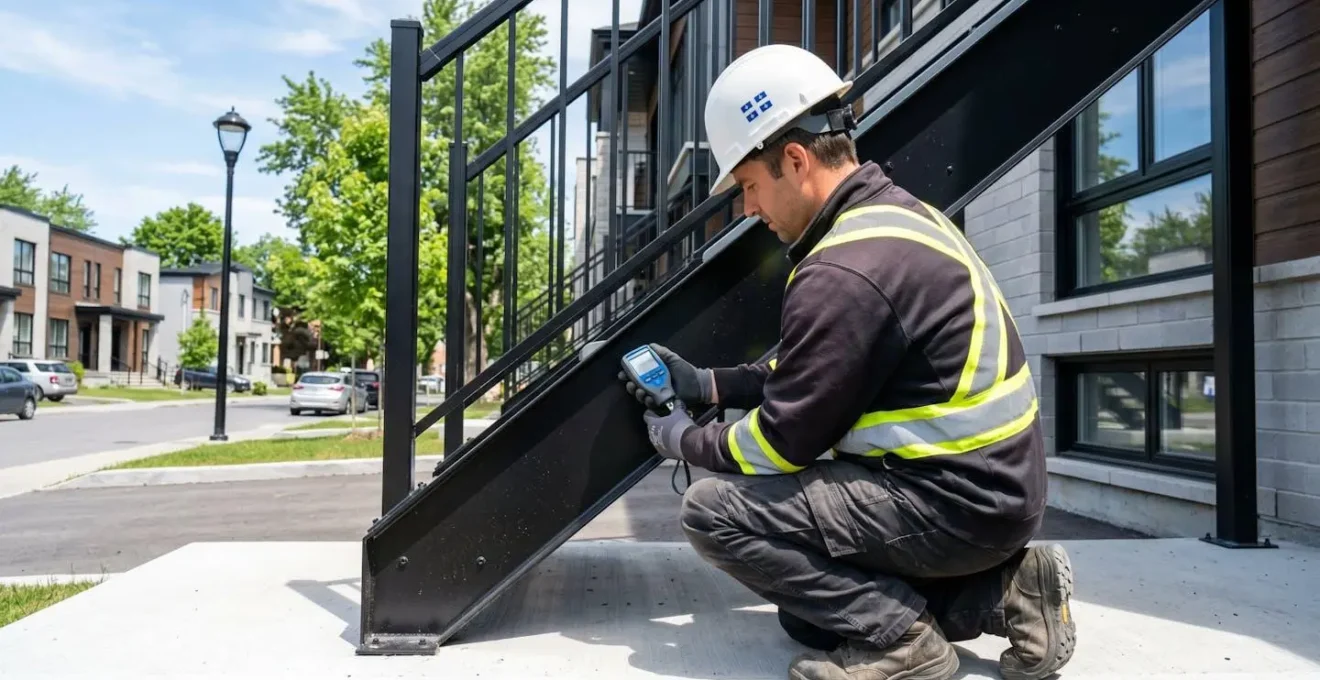 Contracteur en équipement de sécurité vu de dos inspectant un limon d'escalier métallique avec un outil de mesure d'épaisseur