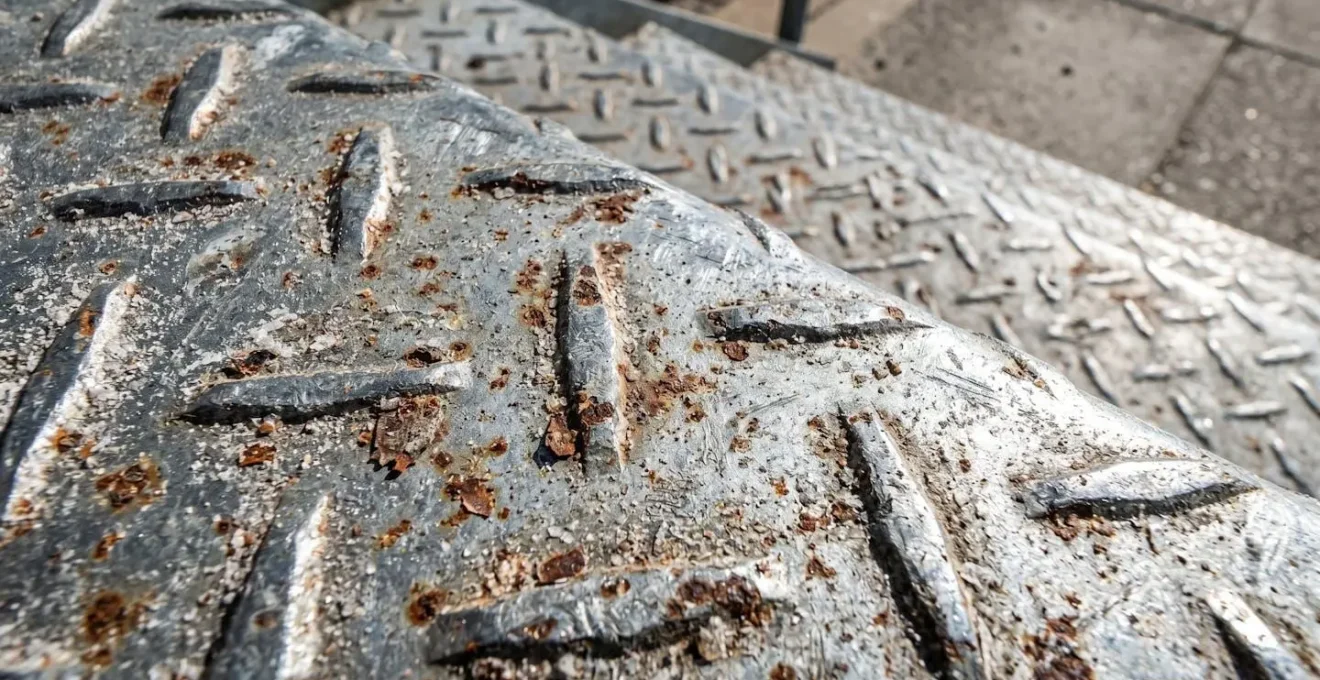 Gros plan d'une marche d'escalier métallique montrant simultanément traces de rouille naissante et résidus de sel blanc cristallisé