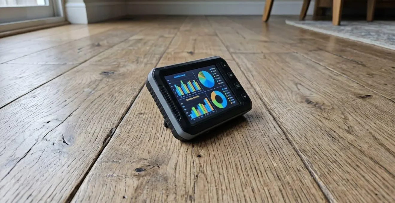 Hygromètre numérique moderne posé sur une surface de plancher de bois avec un affichage légèrement flouté et une main en arrière-plan, grain du bois net au premier plan