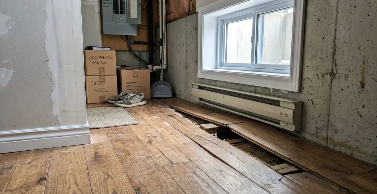 Plancher de bois franc dans un sous-sol résidentiel contemporain avec une légère courbure visible sur quelques lames près d'un mur extérieur, lumière naturelle provenant d'une fenêtre sous-sol