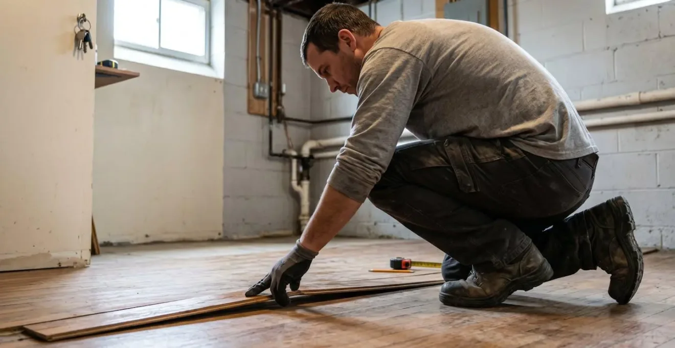 Professionnel en vêtements de travail contemporains accroupi de dos inspectant un plancher de bois dans un sous-sol résidentiel propre, main touchant une lame légèrement soulevée
