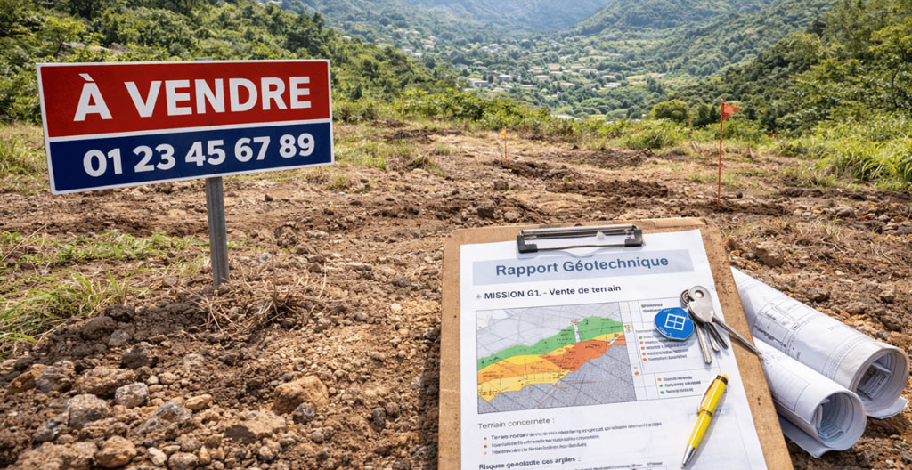 Deux personnes consultant un rapport géotechnique G1 posé sur une table, avec cartographie BRGM visible