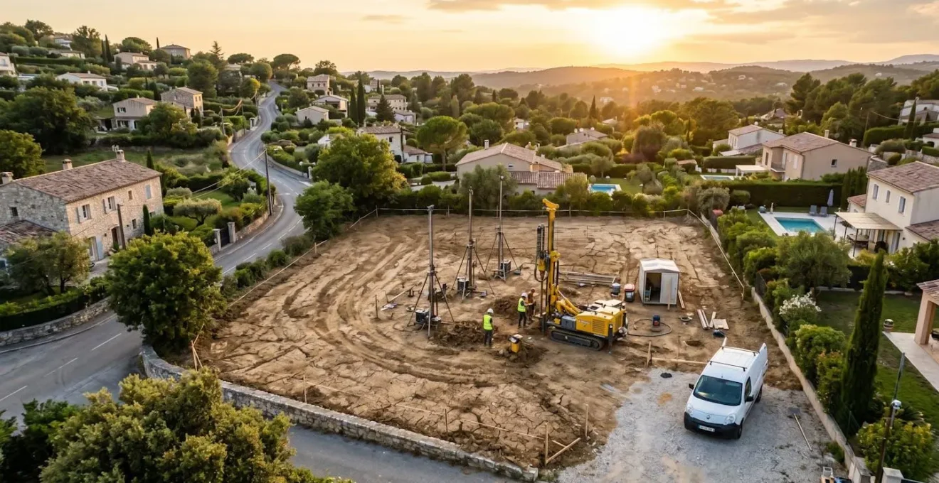 Vue aérienne d'un terrain constructible en zone périurbaine avec marqueurs géotechniques de sondage plantés dans le sol