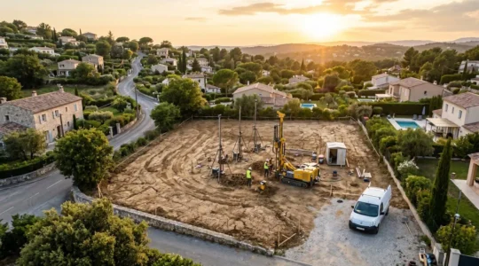 Vue aérienne d'un terrain constructible en zone périurbaine avec marqueurs géotechniques de sondage plantés dans le sol